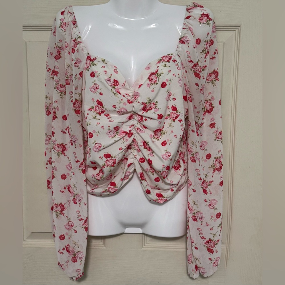Peach Couture Floral Cropped Blouse Sweetheart Long Sleeve Smocked Back Size XL